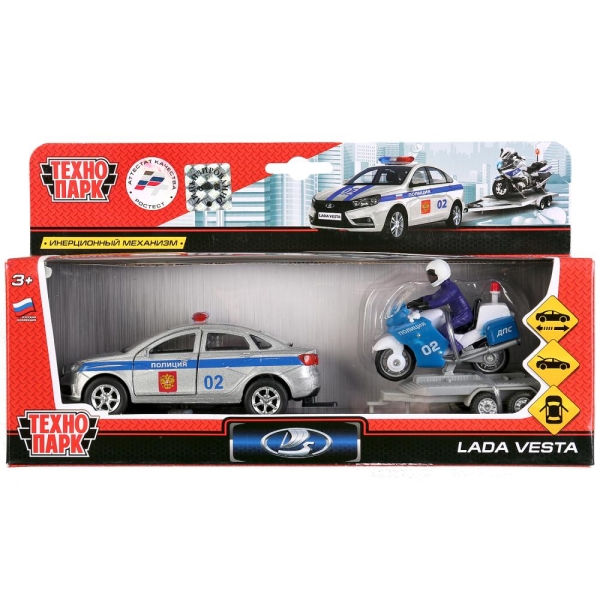 Модель ин. мет. LADA Vesta Полиция 12см + Мотоцикл на прицепе SB-17-56WB (Технопарк)
