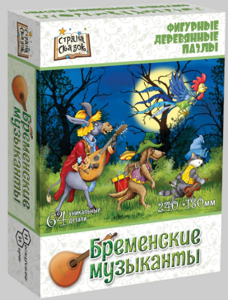 Пазл деревянный фигурный Страна сказок "Бременские музыканты" 64дет.